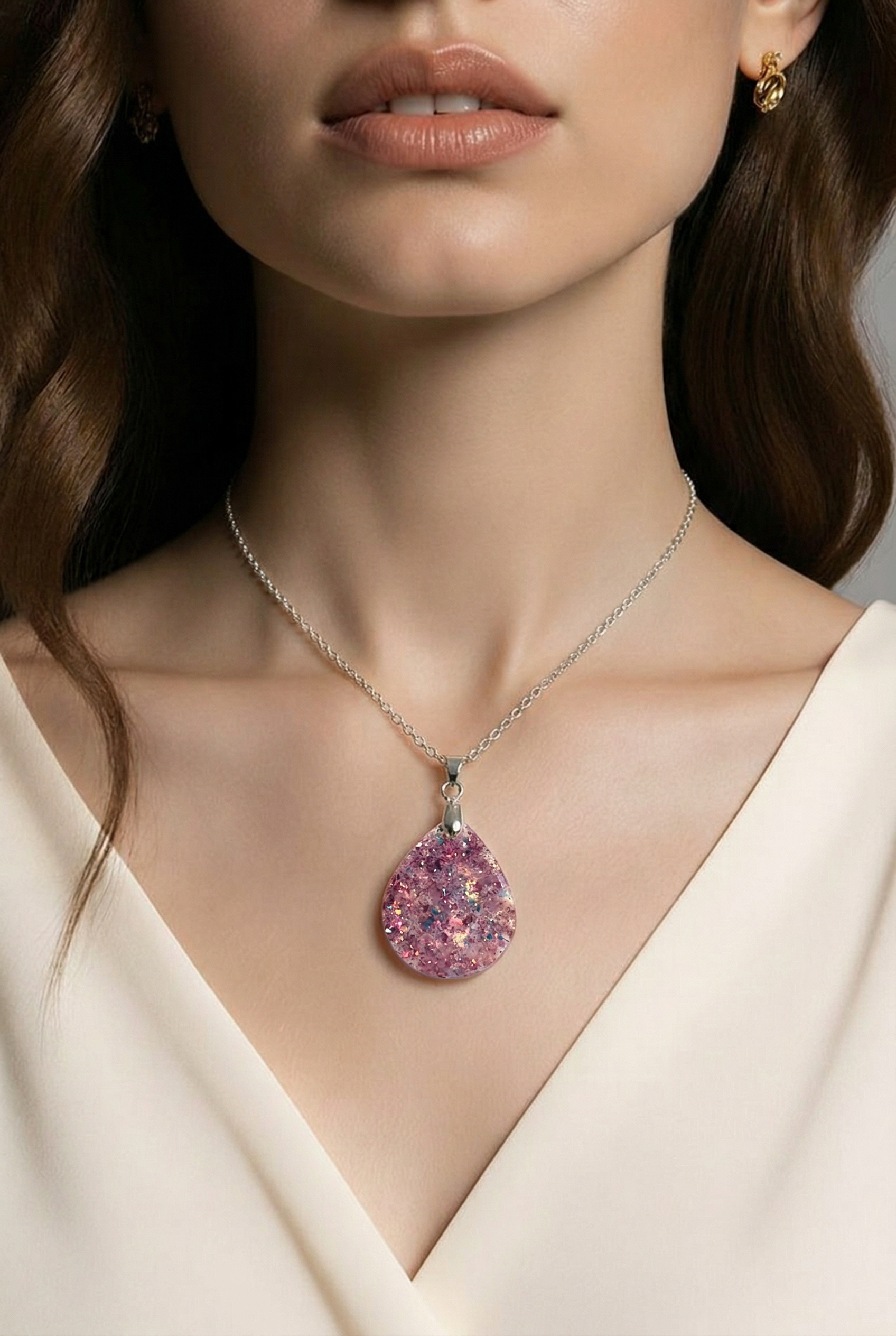 Pink Resin Teardrop Pendant Necklace - 18" Silver-Toned Chain