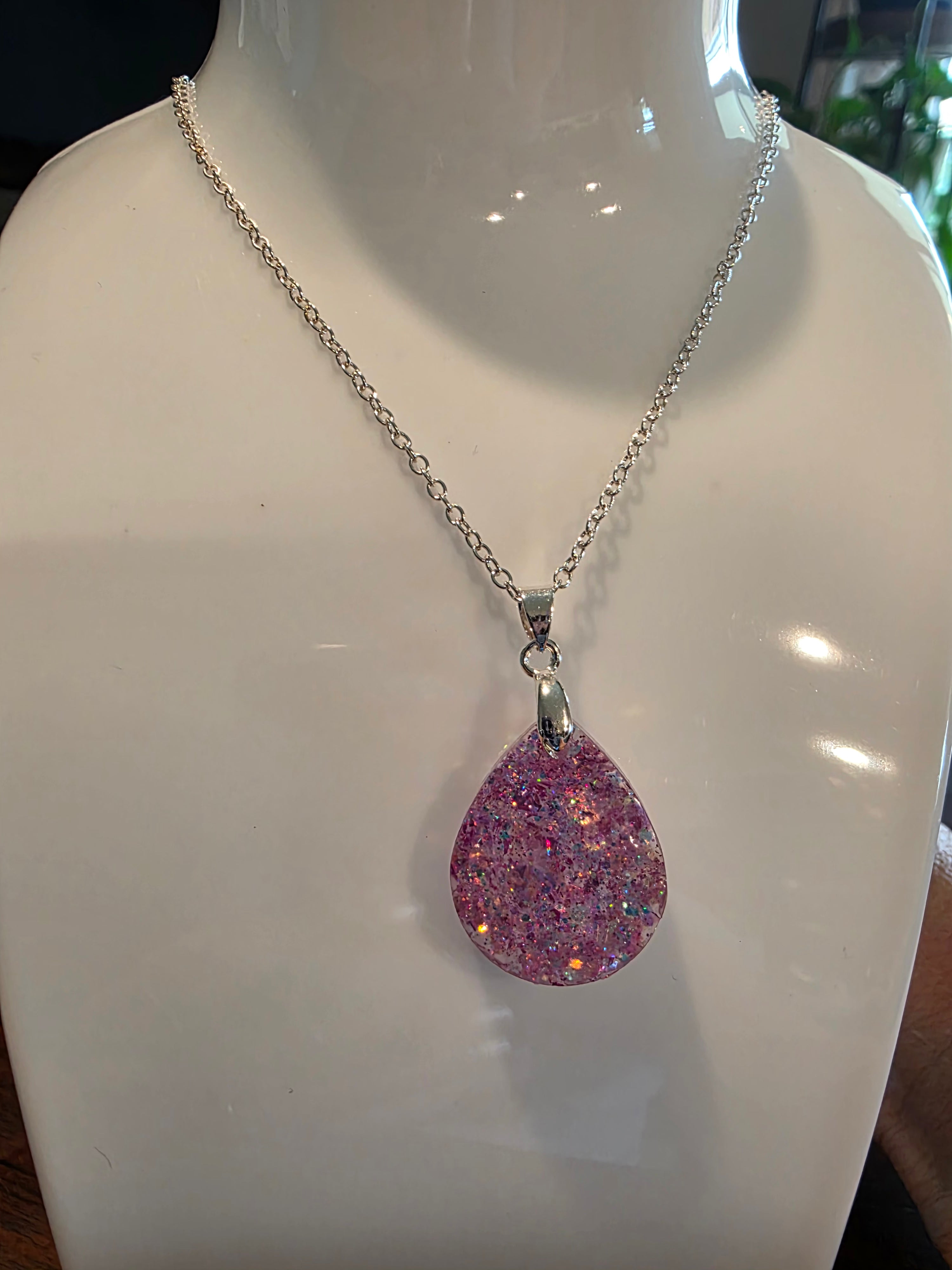 Pink Resin Teardrop Pendant Necklace - 18" Silver-Toned Chain