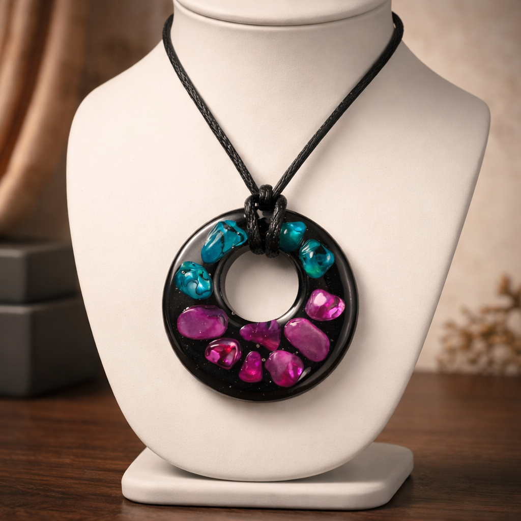 Faux Abalone Resin Pendant Necklace – Iridescent Purple & Green Coastal Jewelry