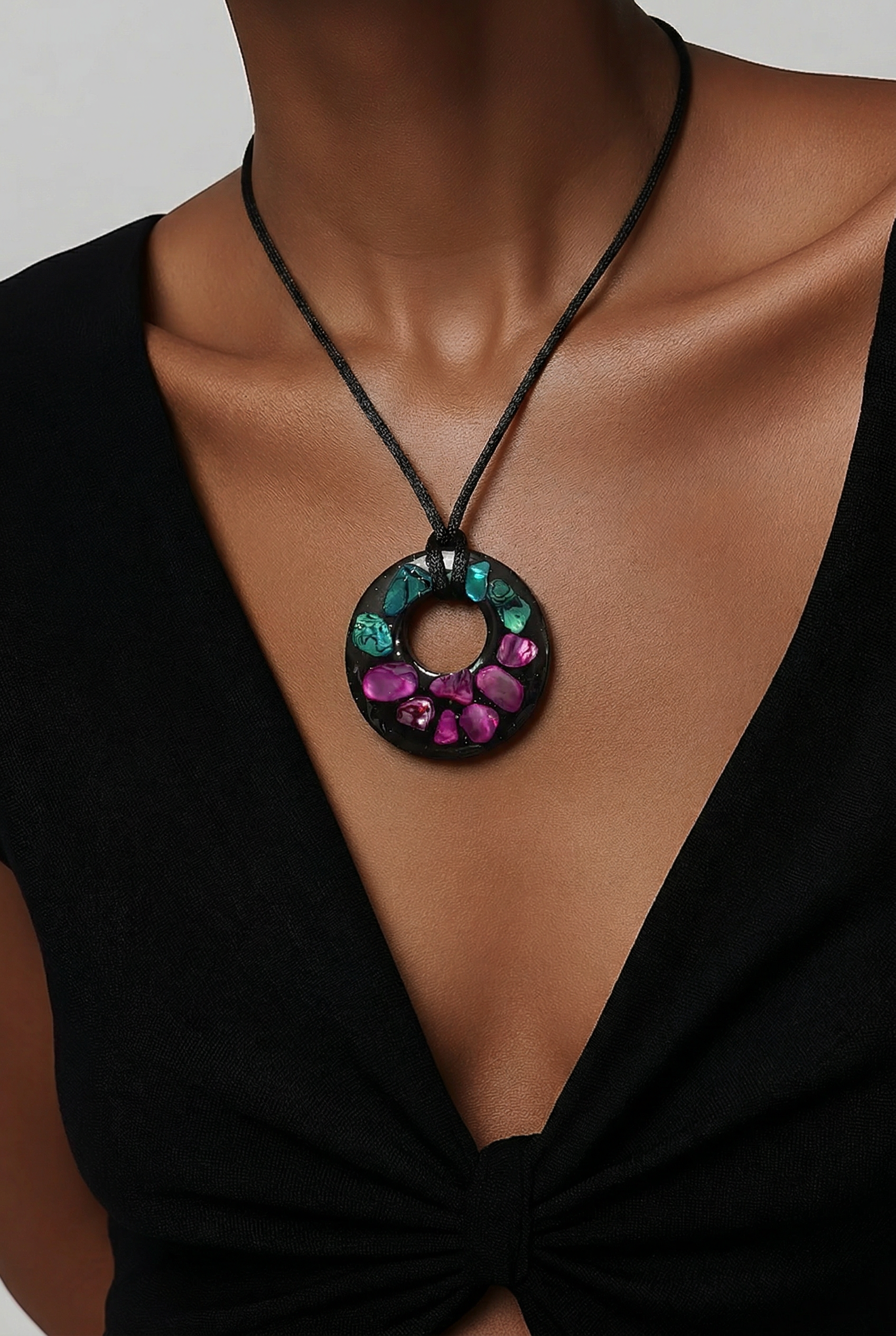 Faux Abalone Resin Pendant Necklace – Iridescent Purple & Green Coastal Jewelry