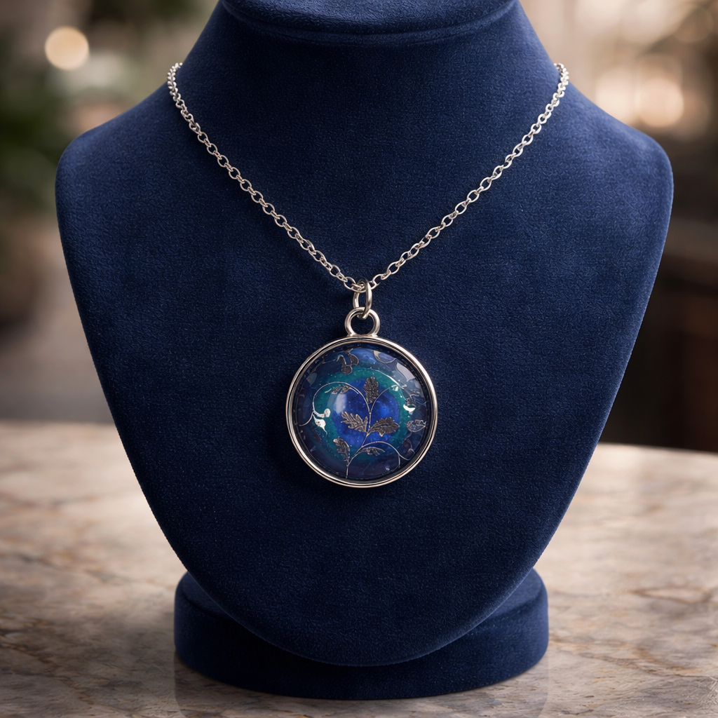 Blue-Green Resin & Silver Pattern Pendant Necklace