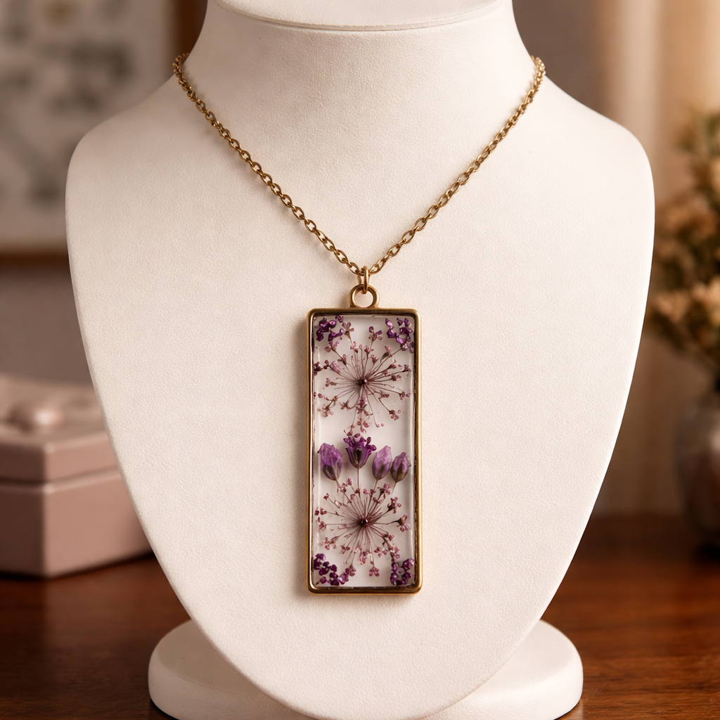 Dried Purple Flower Antiqued Resin Pendant Necklace