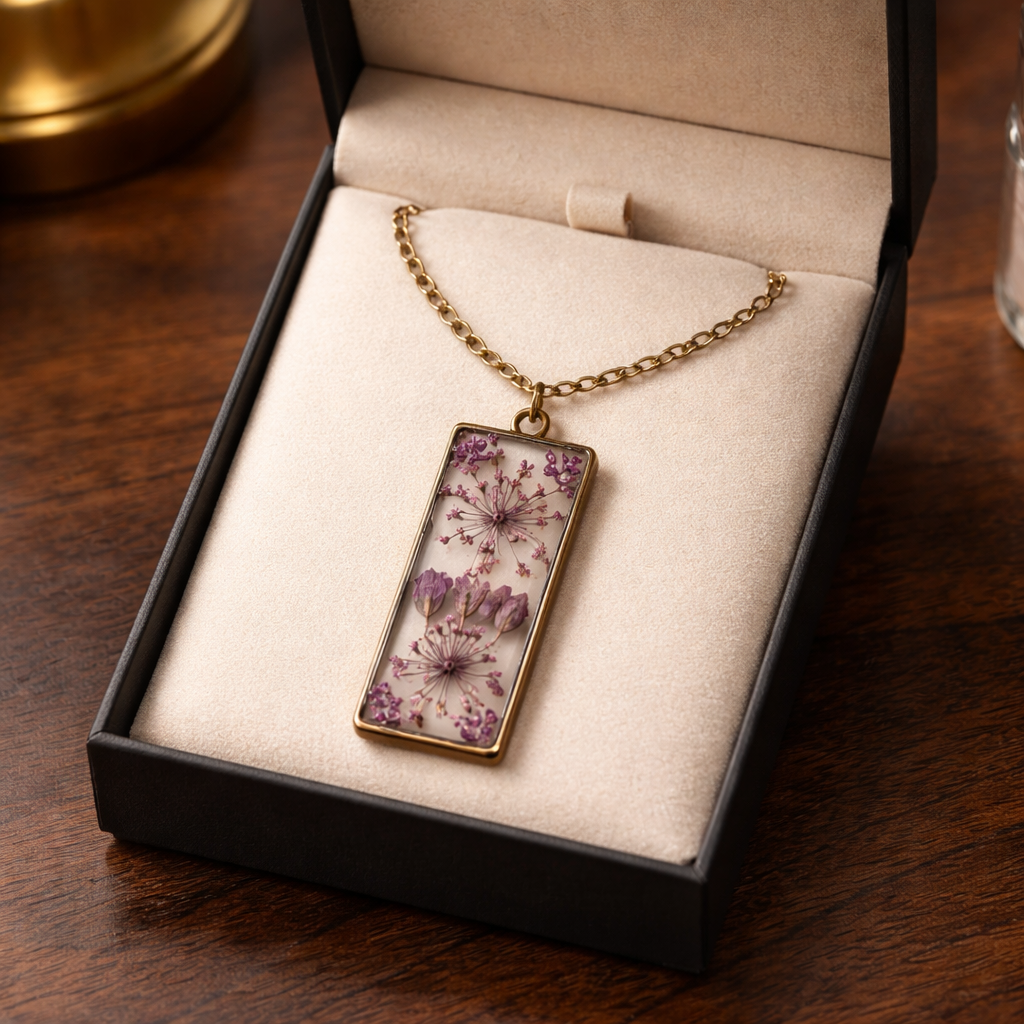 Dried Purple Flower Antiqued Resin Pendant Necklace