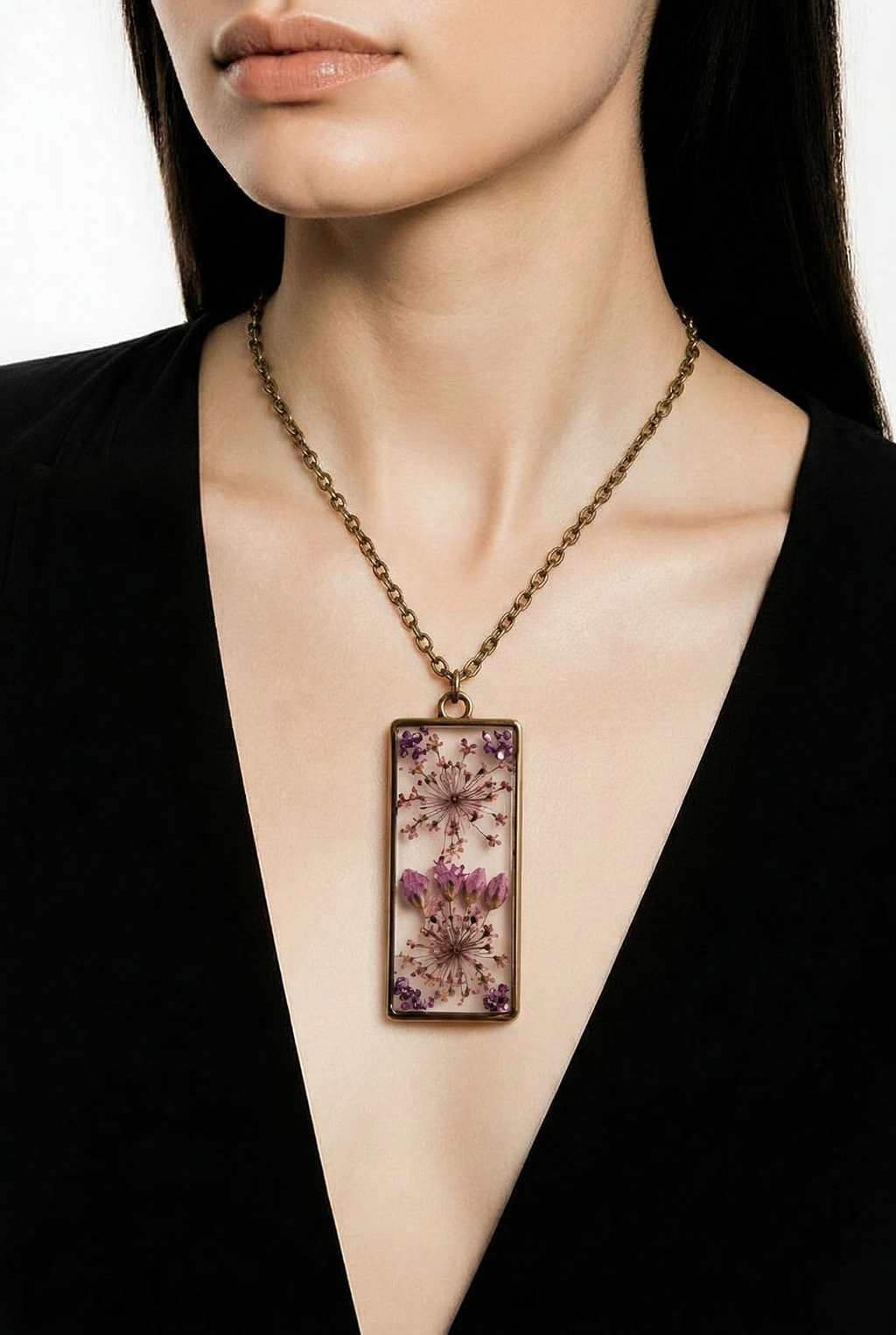 Dried Purple Flower Antiqued Resin Pendant Necklace