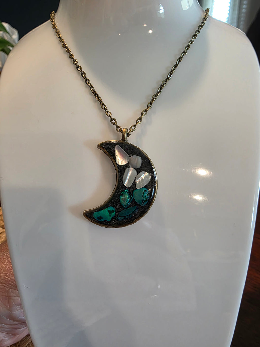 Moon Pendant Necklace with Faux Abalone Shell Set in Resin