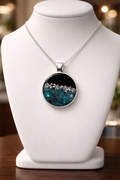 Black Resin Bezel Necklace with Blue & Silver Glitter - 18" Silver Chain