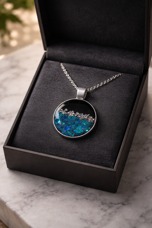 Black Resin Bezel Necklace with Blue & Silver Glitter - 18" Silver Chain