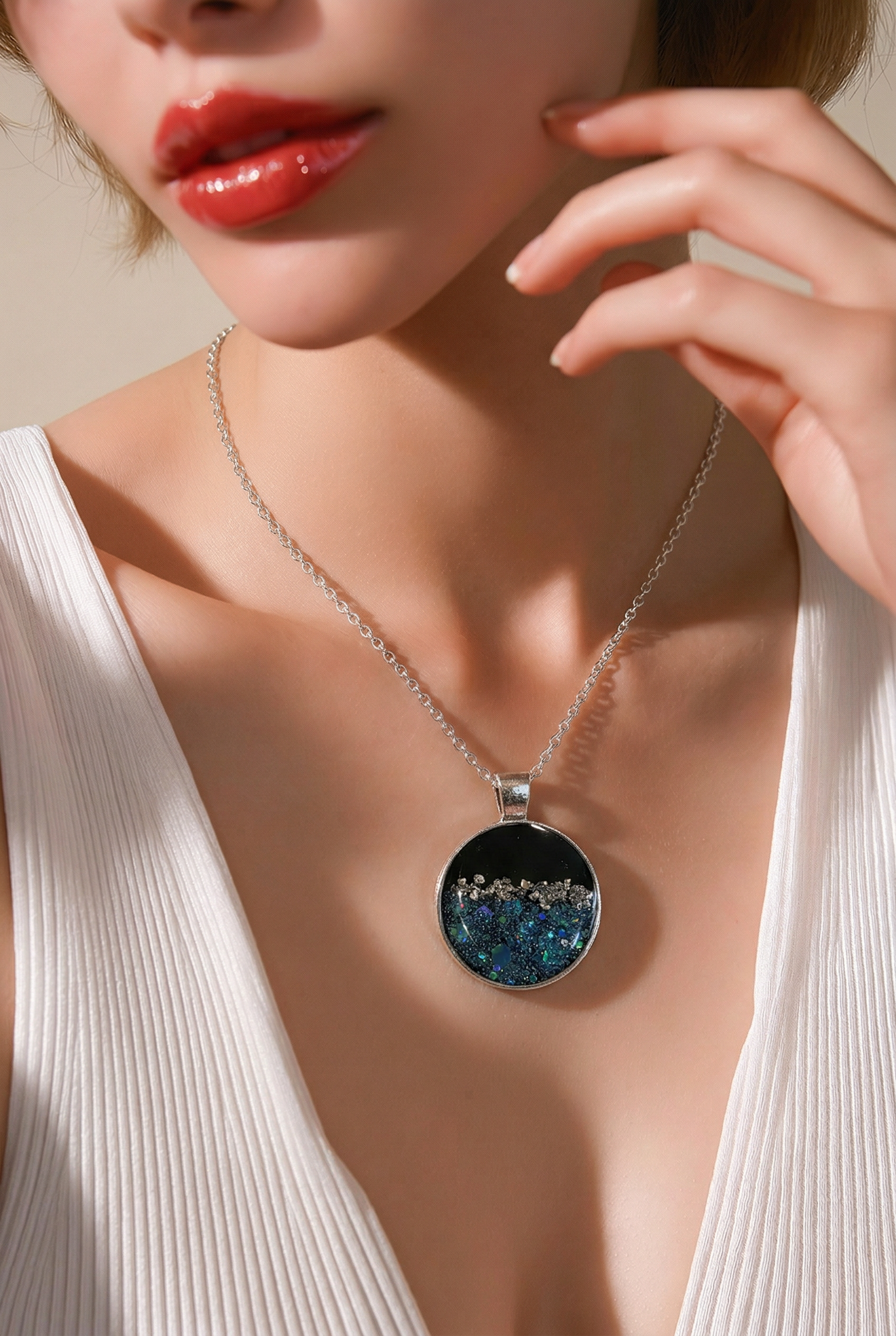 Black Resin Bezel Necklace with Blue & Silver Glitter - 18" Silver Chain