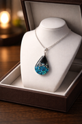 Black Resin Teardrop Necklace with Blue & Silver Glitter - 18" Chain