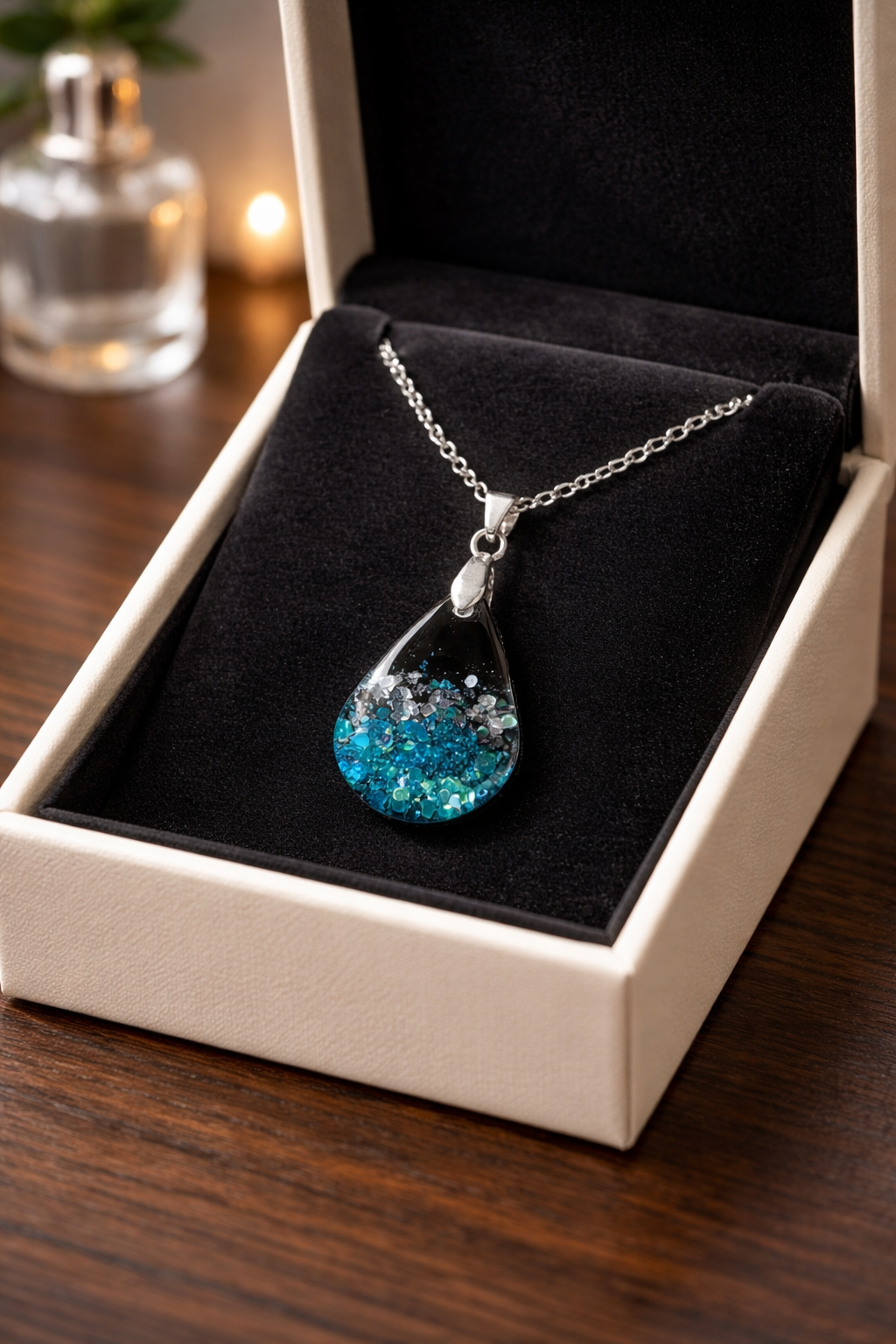 Black Resin Teardrop Necklace with Blue & Silver Glitter - 18" Chain