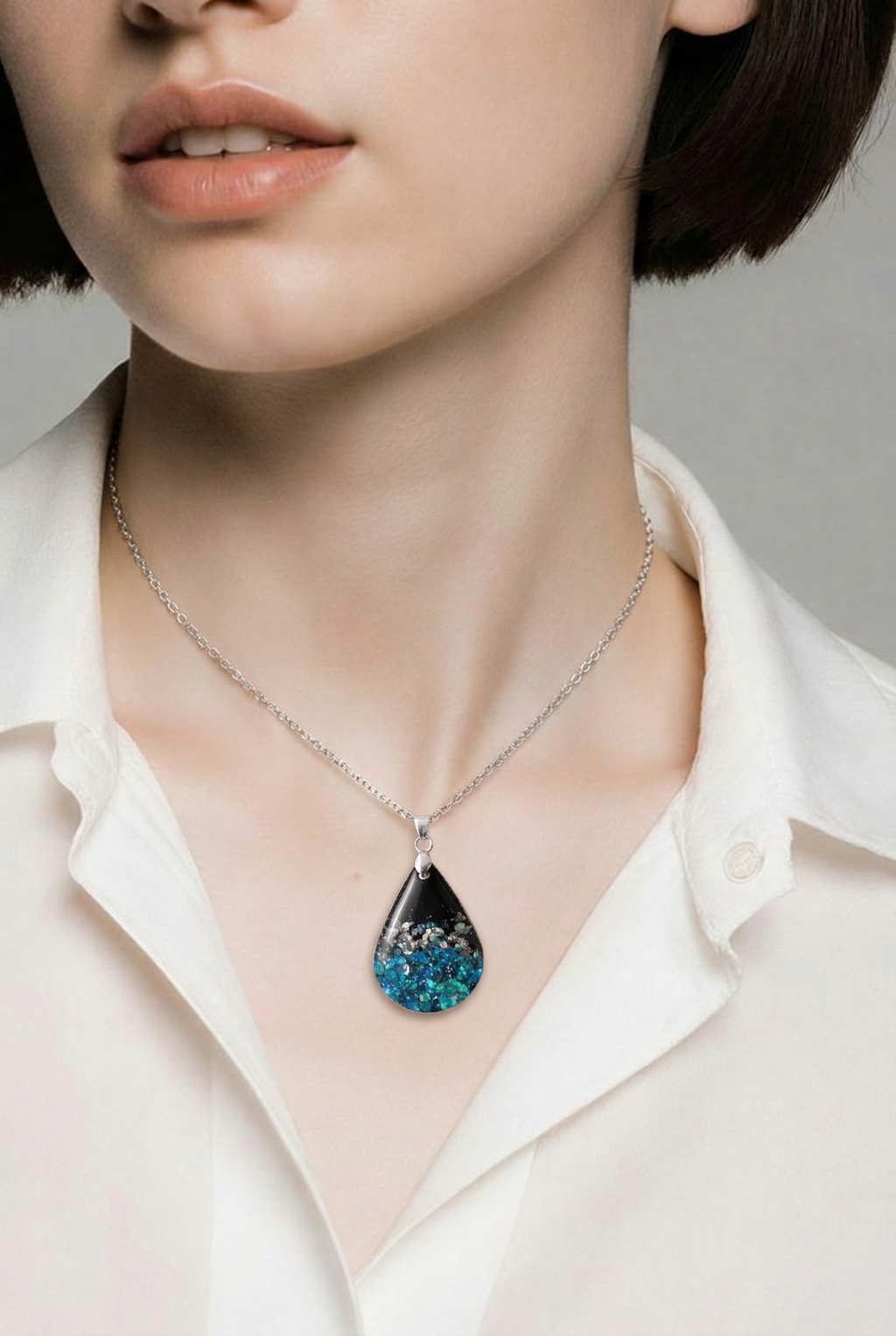 Black Resin Teardrop Necklace with Blue & Silver Glitter - 18" Chain