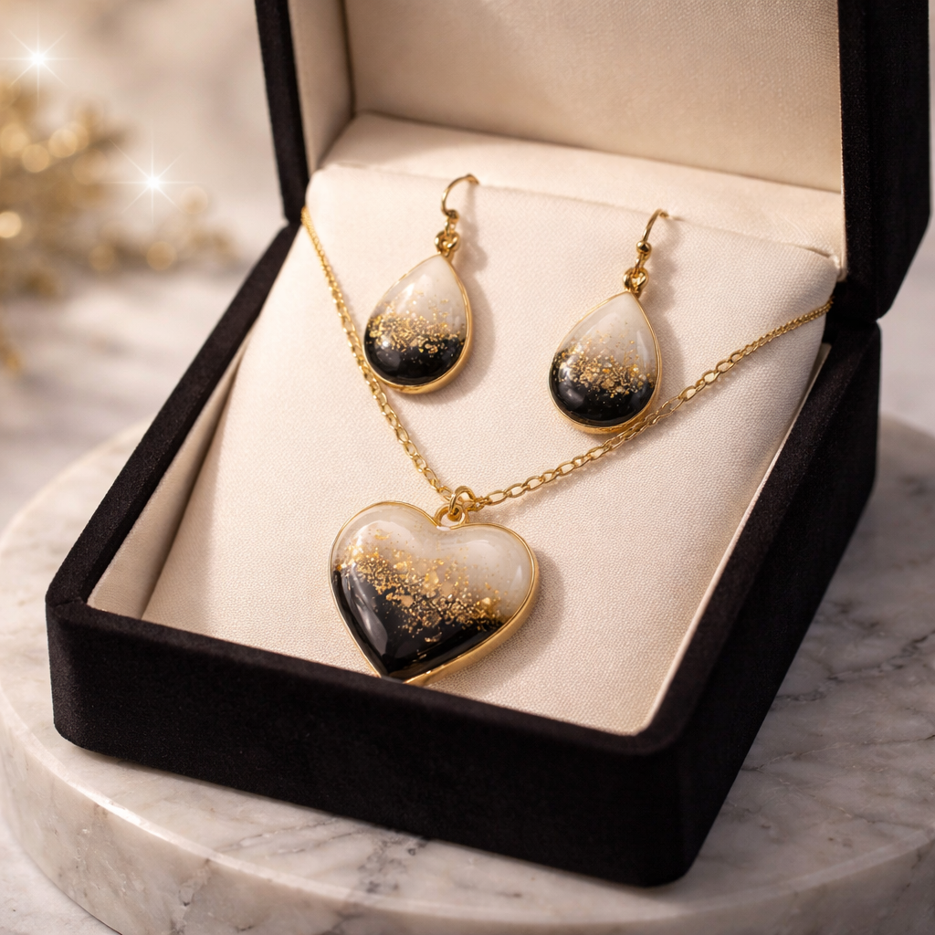 Black Marble & Gold Resin Necklace & Earring Set