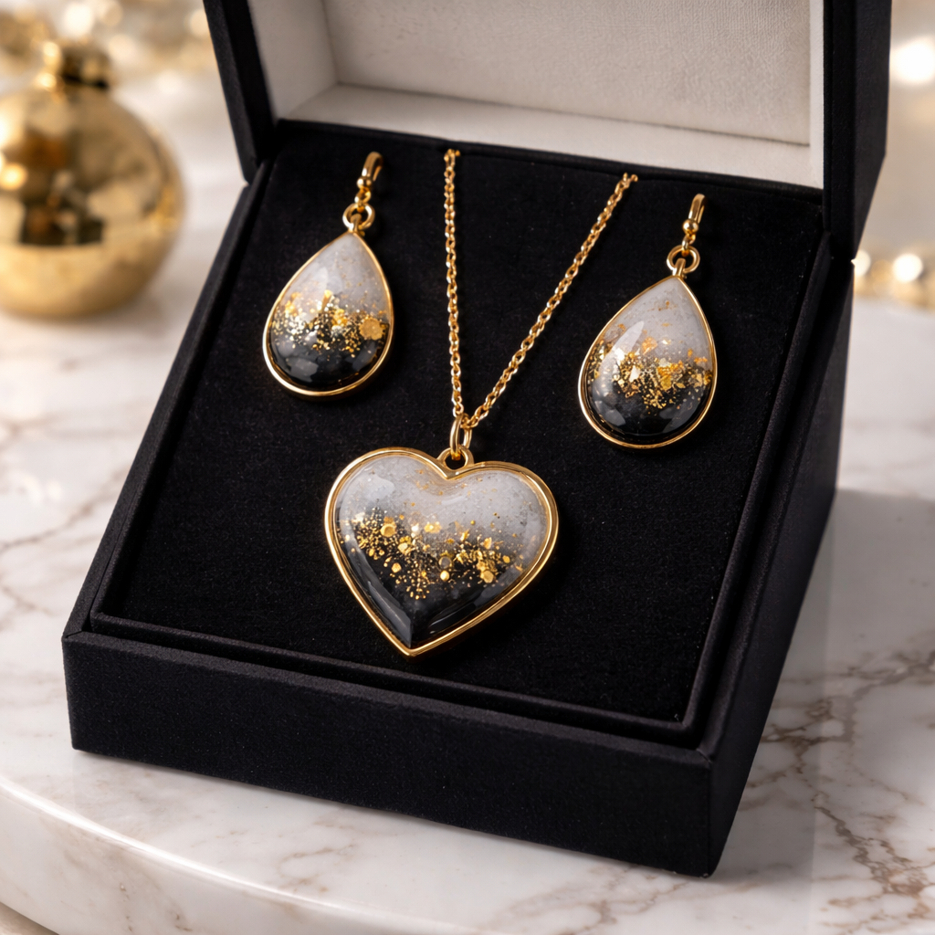 Black Marble & Gold Resin Necklace & Earring Set