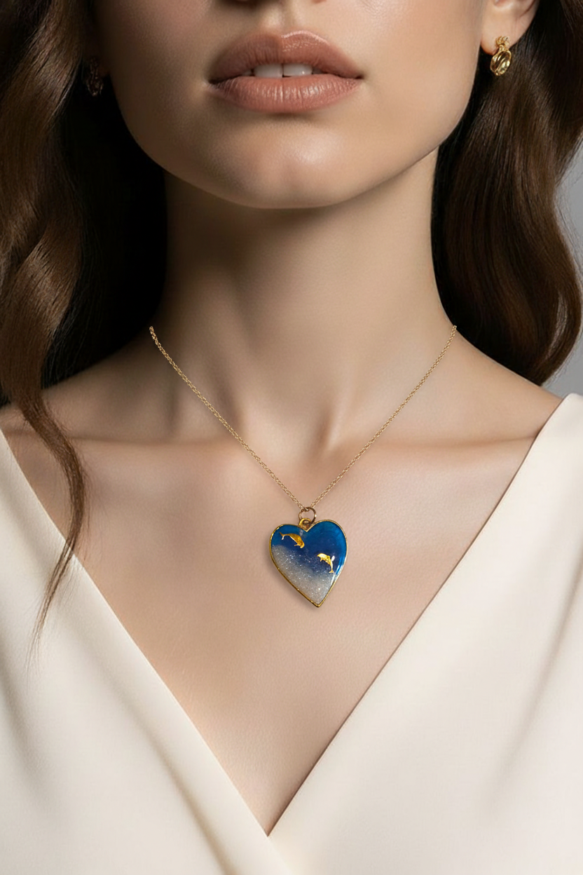 Blue Swirl & Gold Dolphin Heart Resin Pendant Necklace – Handmade Coastal Jewelry