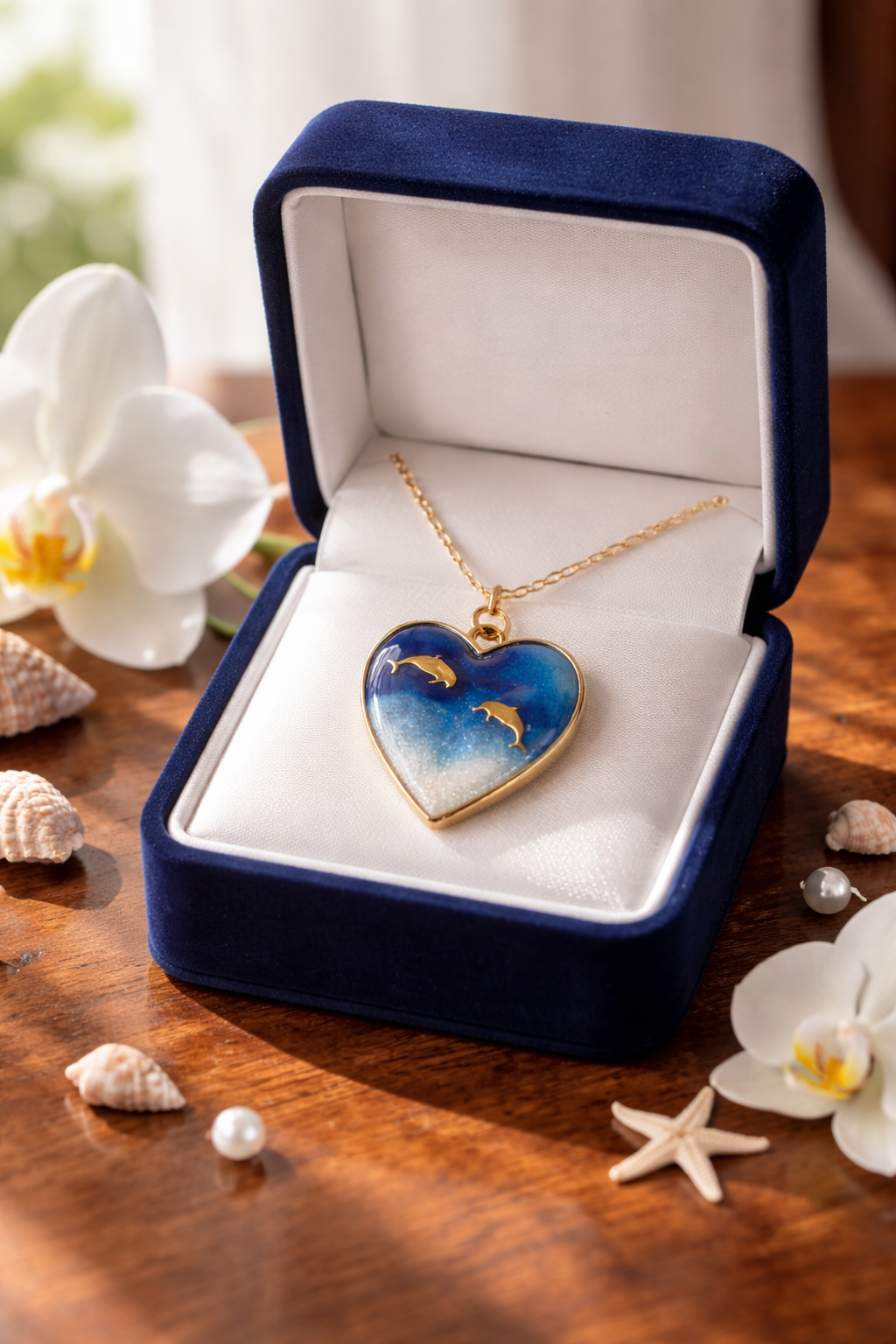 Blue Swirl & Gold Dolphin Heart Resin Pendant Necklace – Handmade Coastal Jewelry