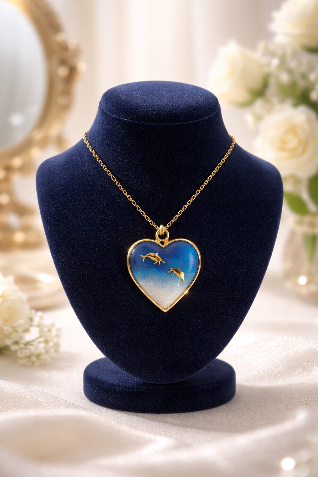 Blue Swirl & Gold Dolphin Heart Resin Pendant Necklace – Handmade Coastal Jewelry