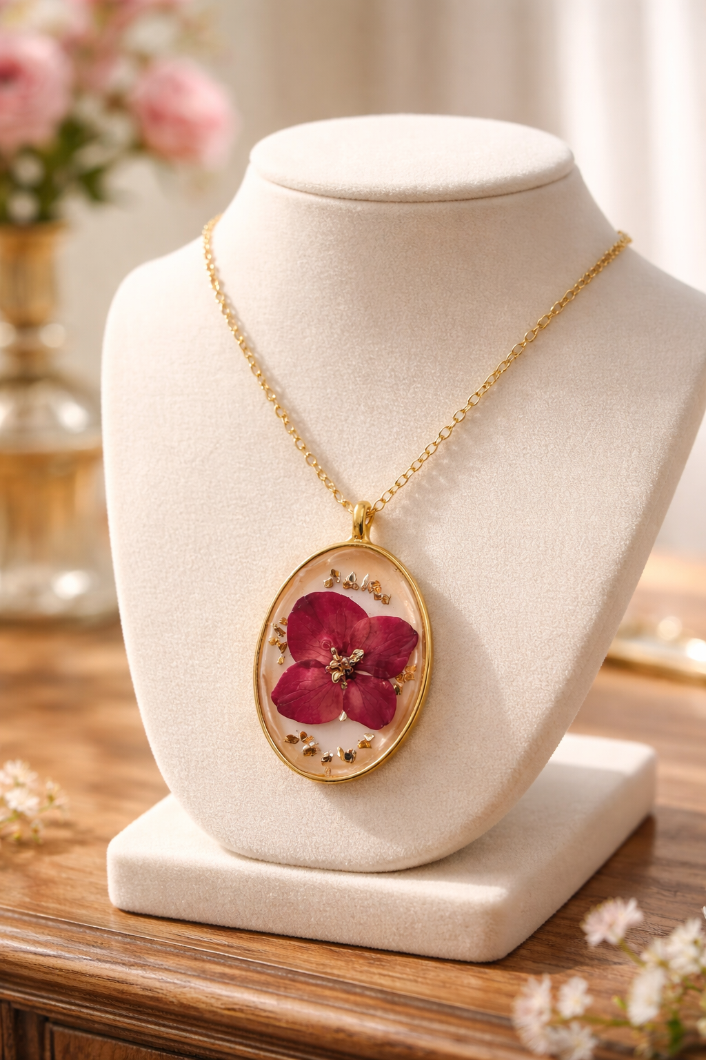 Dried Pink Flower & Gold Glitter Resin Pendant Necklace