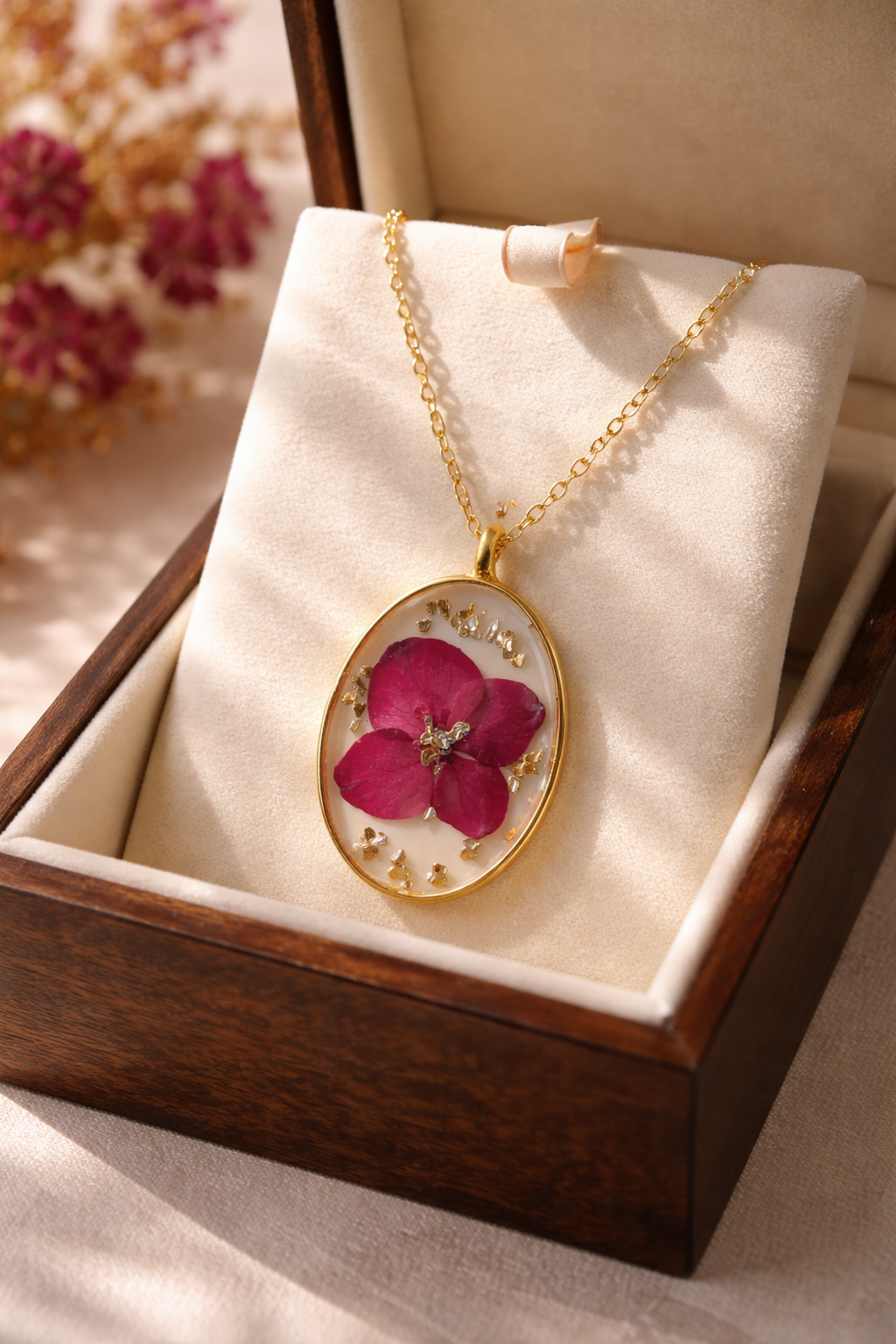 Dried Pink Flower & Gold Glitter Resin Pendant Necklace
