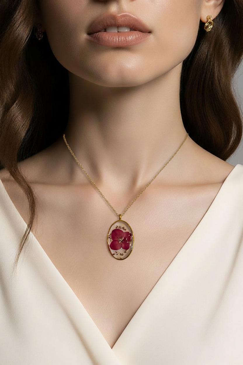 Dried Pink Flower & Gold Glitter Resin Pendant Necklace
