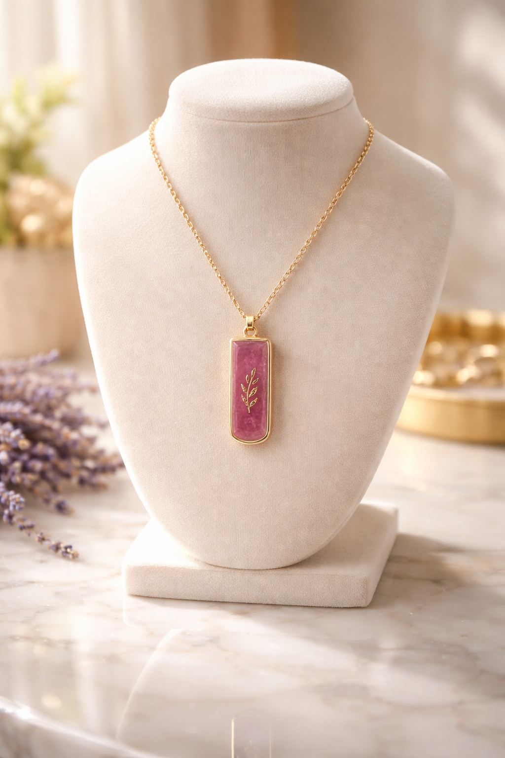 Lavender & Gold Leaf Resin Pendant Necklace