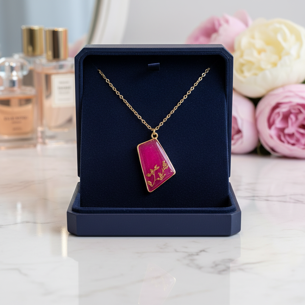 Blush Pink & Gold Resin Geometric Pendant Necklace – Handmade Modern Jewelry