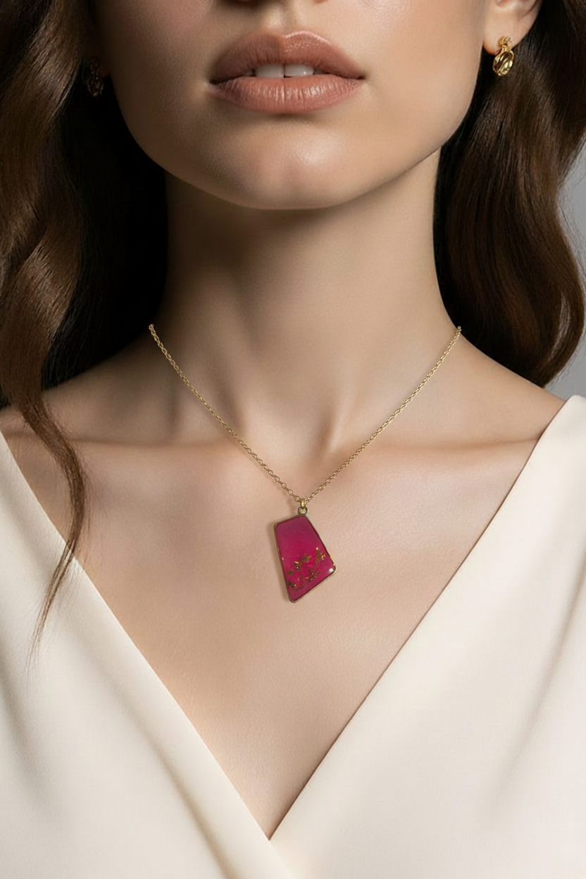 Blush Pink & Gold Resin Geometric Pendant Necklace – Handmade Modern Jewelry
