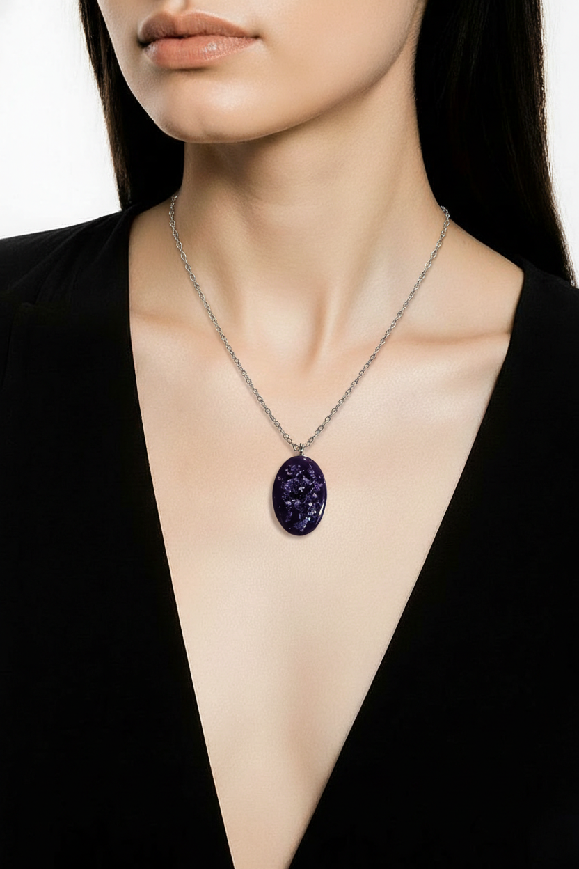 Purple & Silver Foil Oval Resin Pendant Necklace