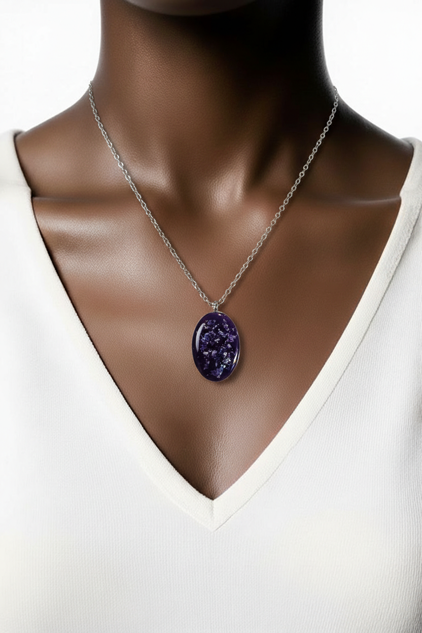 Purple & Silver Foil Oval Resin Pendant Necklace