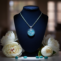 Teal Blue Glitter Round Resin Pendant Necklace