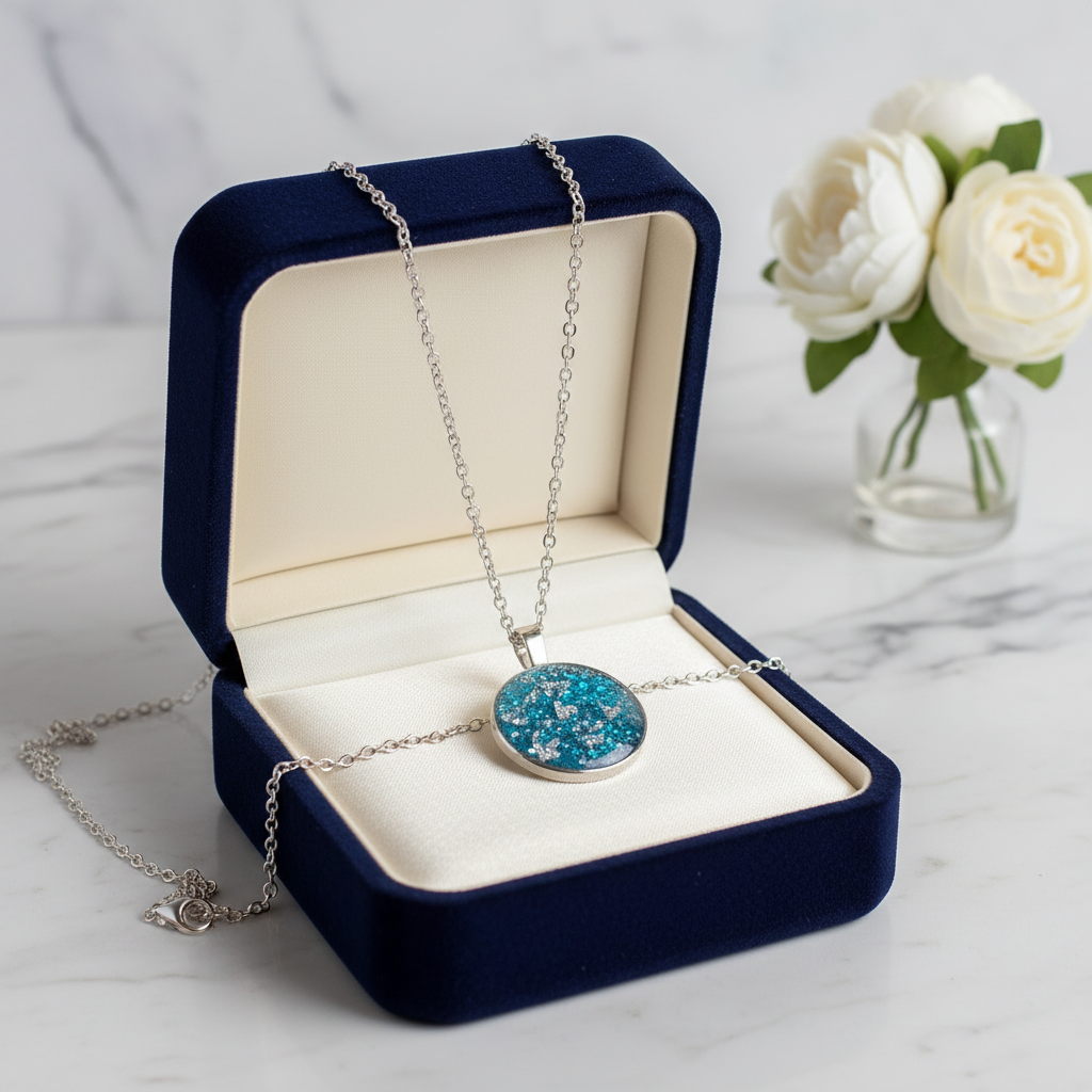 Teal Blue Glitter Round Resin Pendant Necklace
