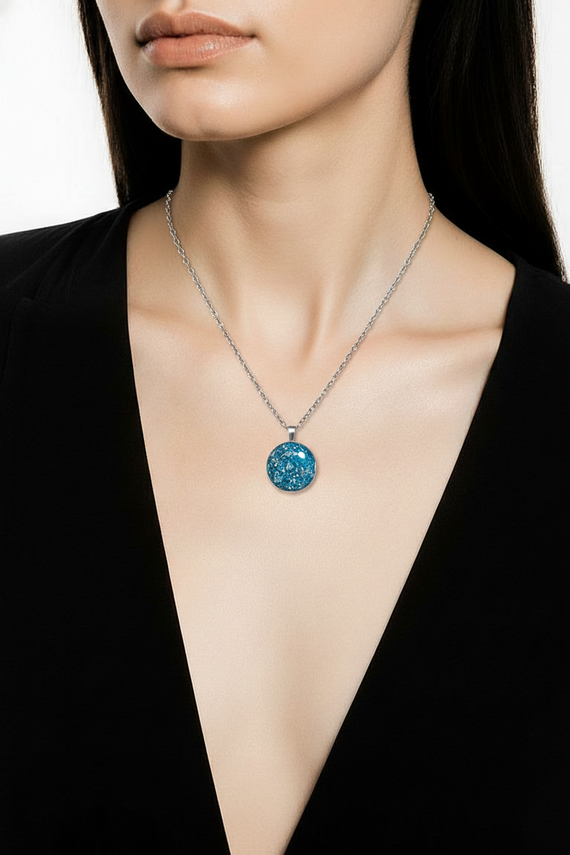 Teal Blue Glitter Round Resin Pendant Necklace