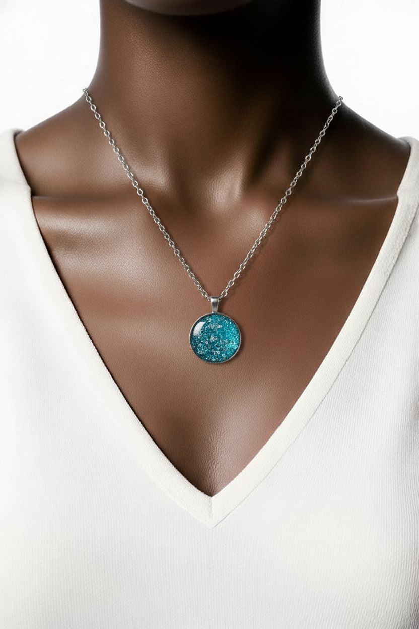 Teal Blue Glitter Round Resin Pendant Necklace