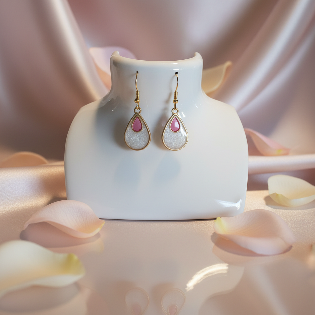 Pink & White Teardrop Resin Earrings – Handmade in Matte Gold Bezel