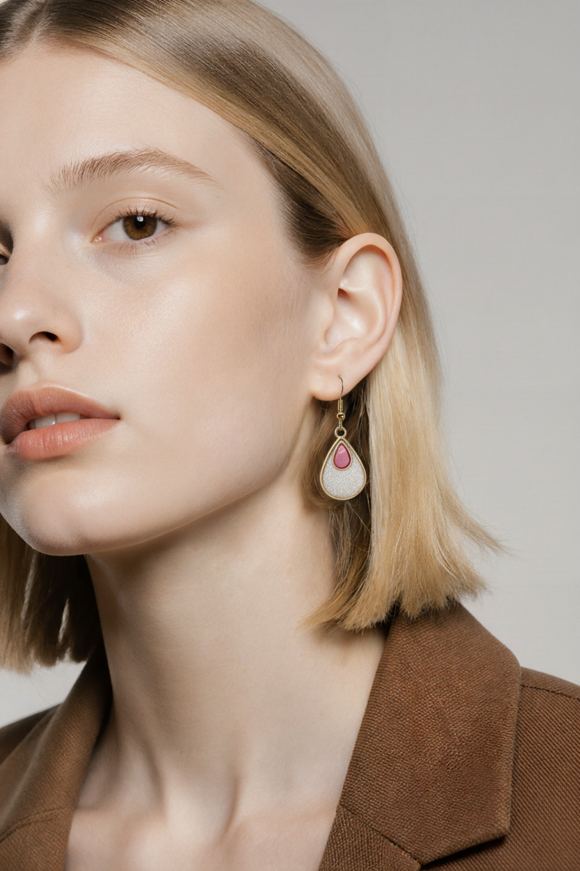 Pink & White Teardrop Resin Earrings – Handmade in Matte Gold Bezel