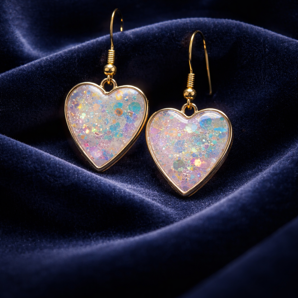 Pink Glitter Heart Resin Earrings