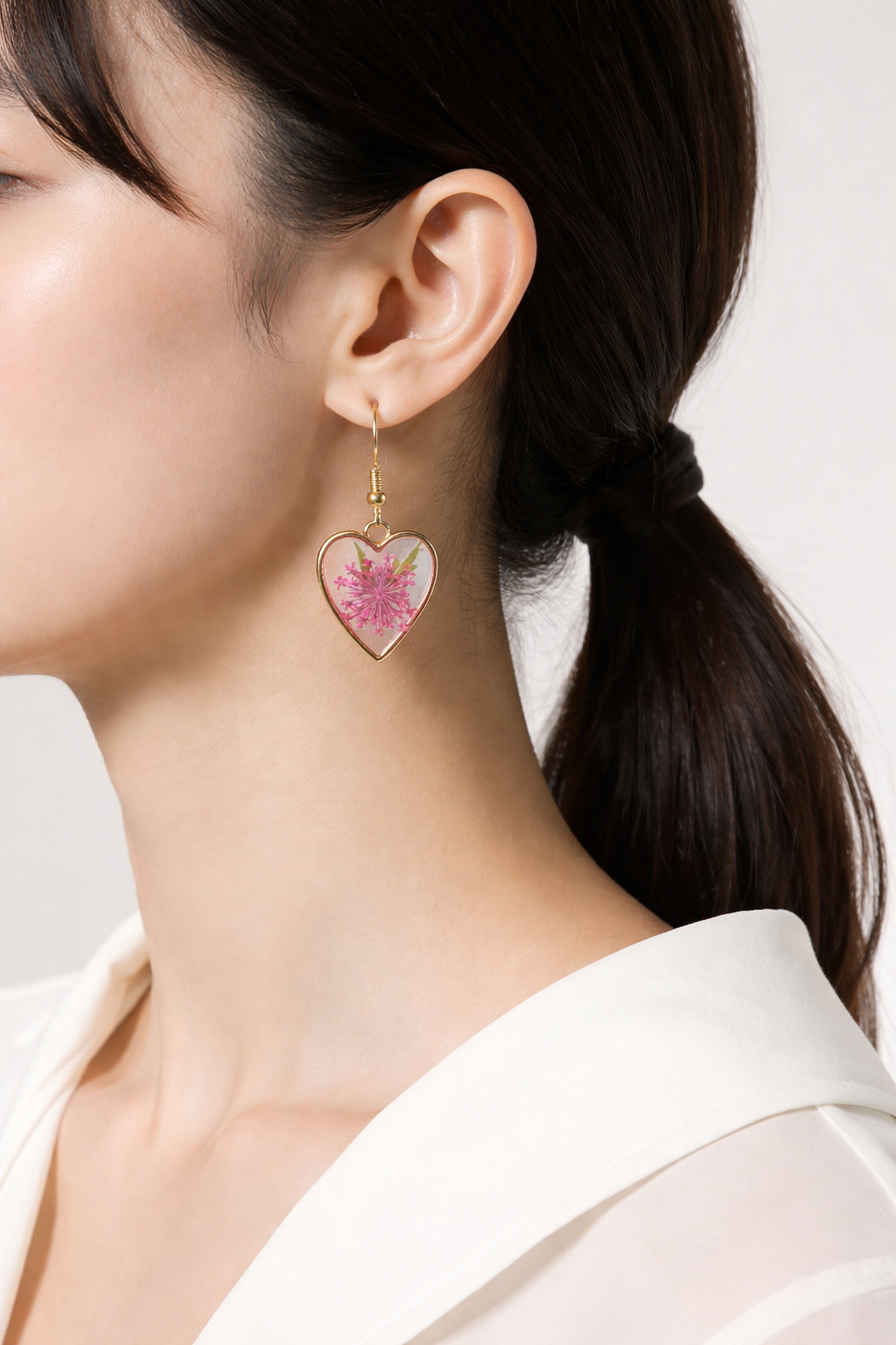 Dried Pink Flower Heart Resin Earrings