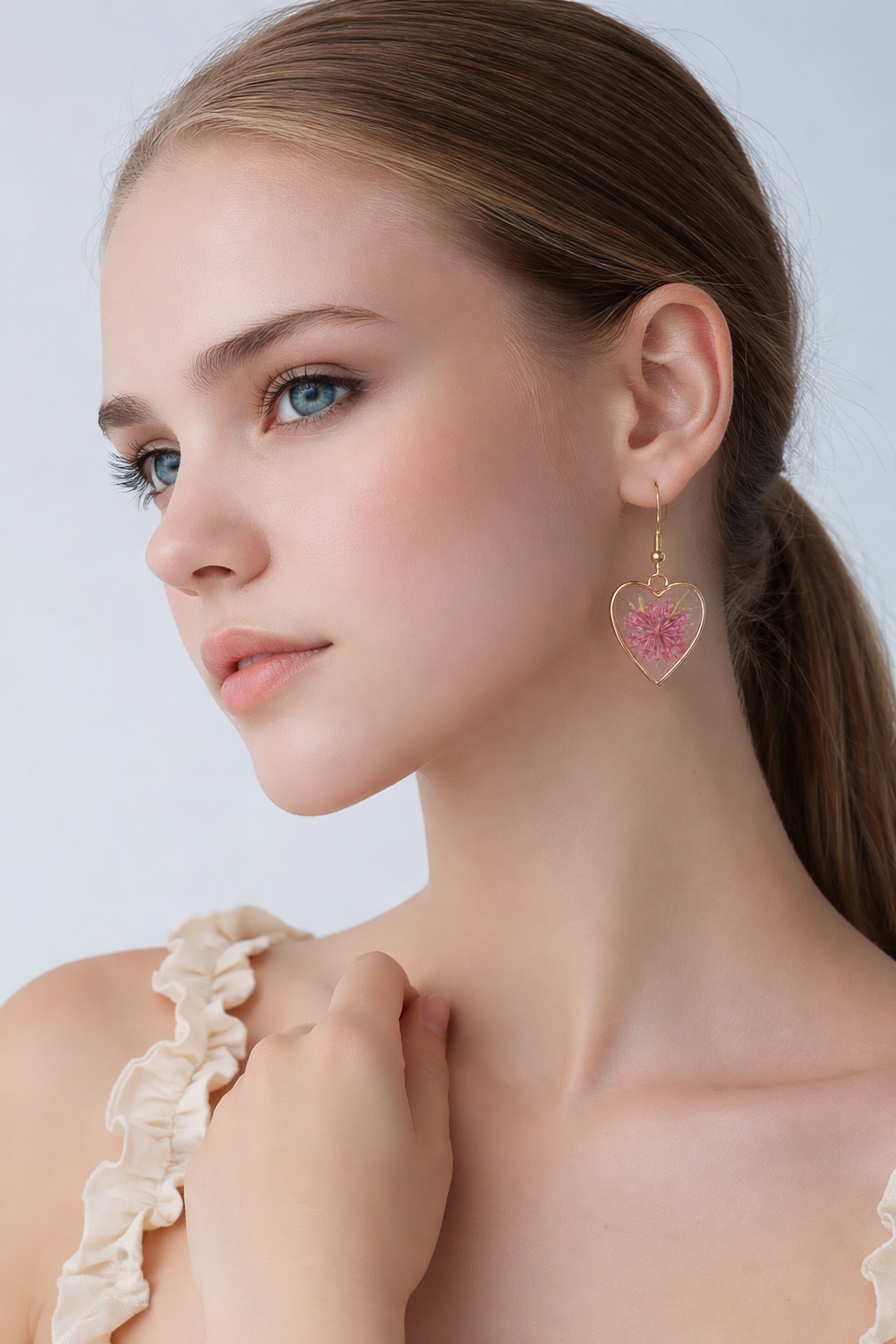 Dried Pink Flower Heart Resin Earrings