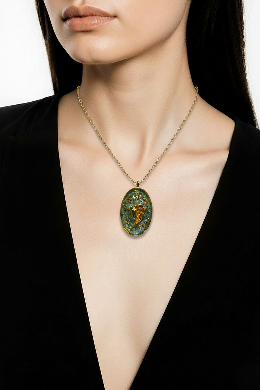 Coastal Vibes Gold & Green Resin Bezel Necklace | Handcrafted Seashell Pendant