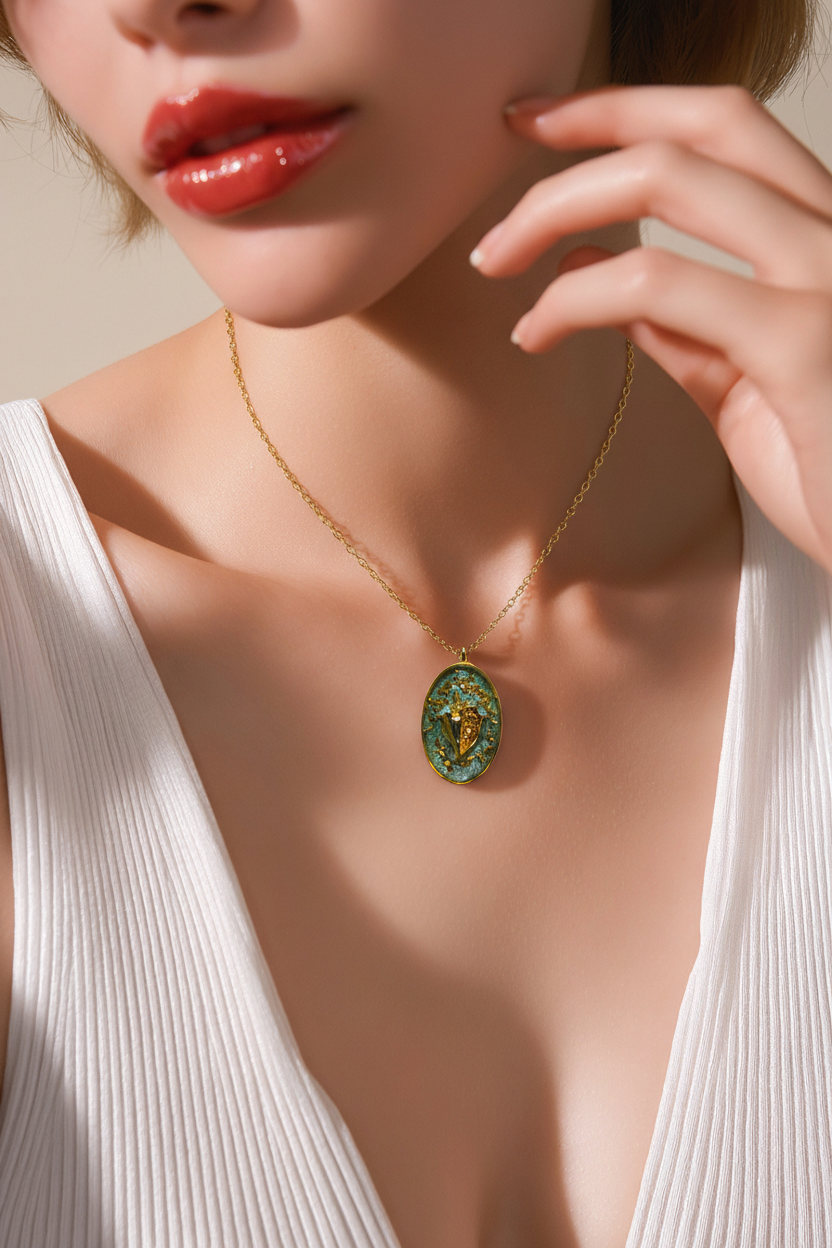 Coastal Vibes Gold & Green Resin Bezel Necklace | Handcrafted Seashell Pendant