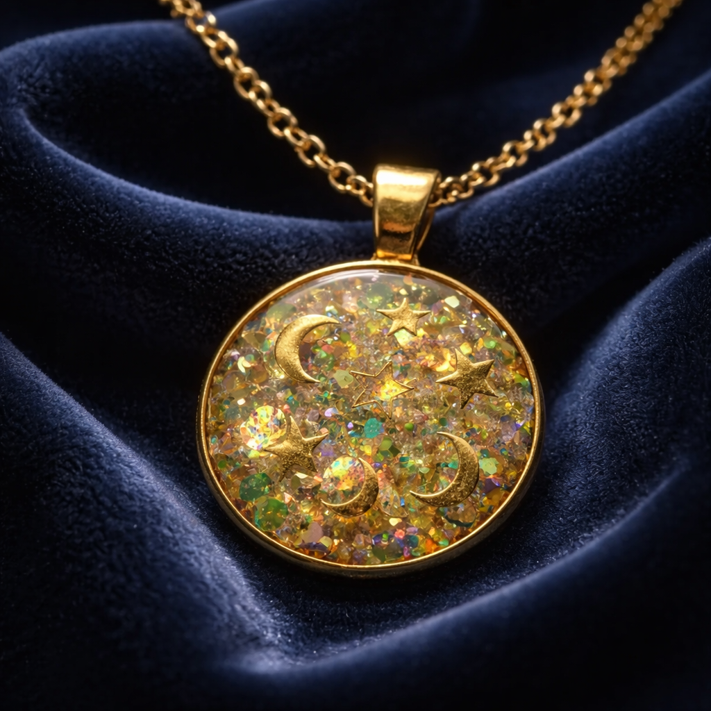 Gold Glitter Stars & Moons Clear Resin Round Pendant Necklace – Handmade Celestial Jewelry