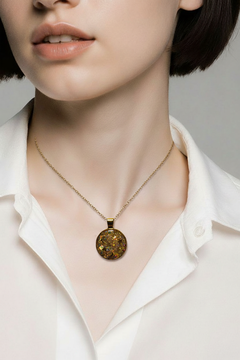 Gold Glitter Stars & Moons Clear Resin Round Pendant Necklace – Handmade Celestial Jewelry
