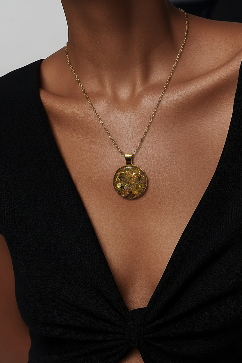 Gold Glitter Stars & Moons Clear Resin Round Pendant Necklace – Handmade Celestial Jewelry