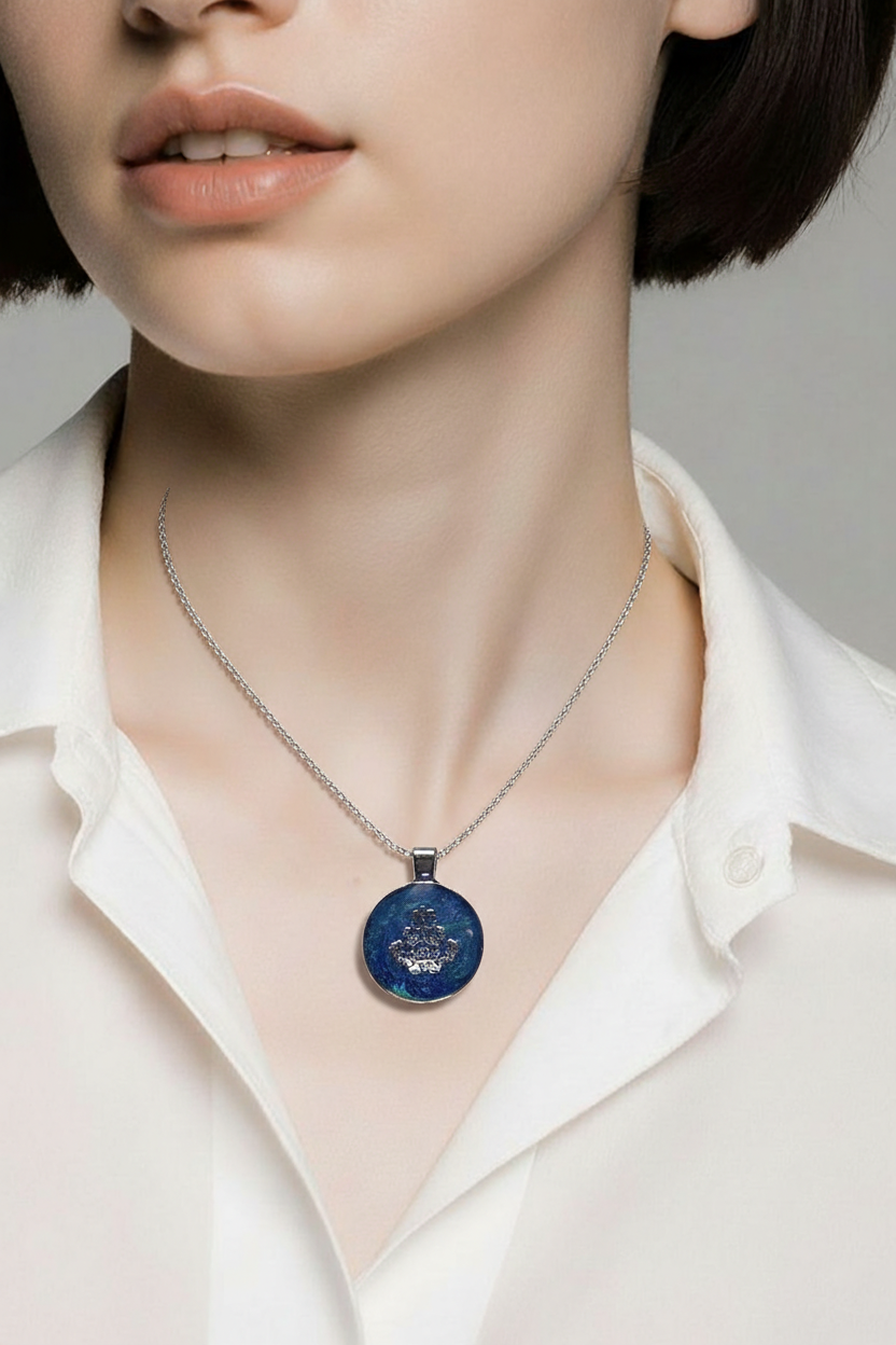 Deep Blue & Silver Resin Pendant Necklace – Handmade Moody Elegant Jewelry