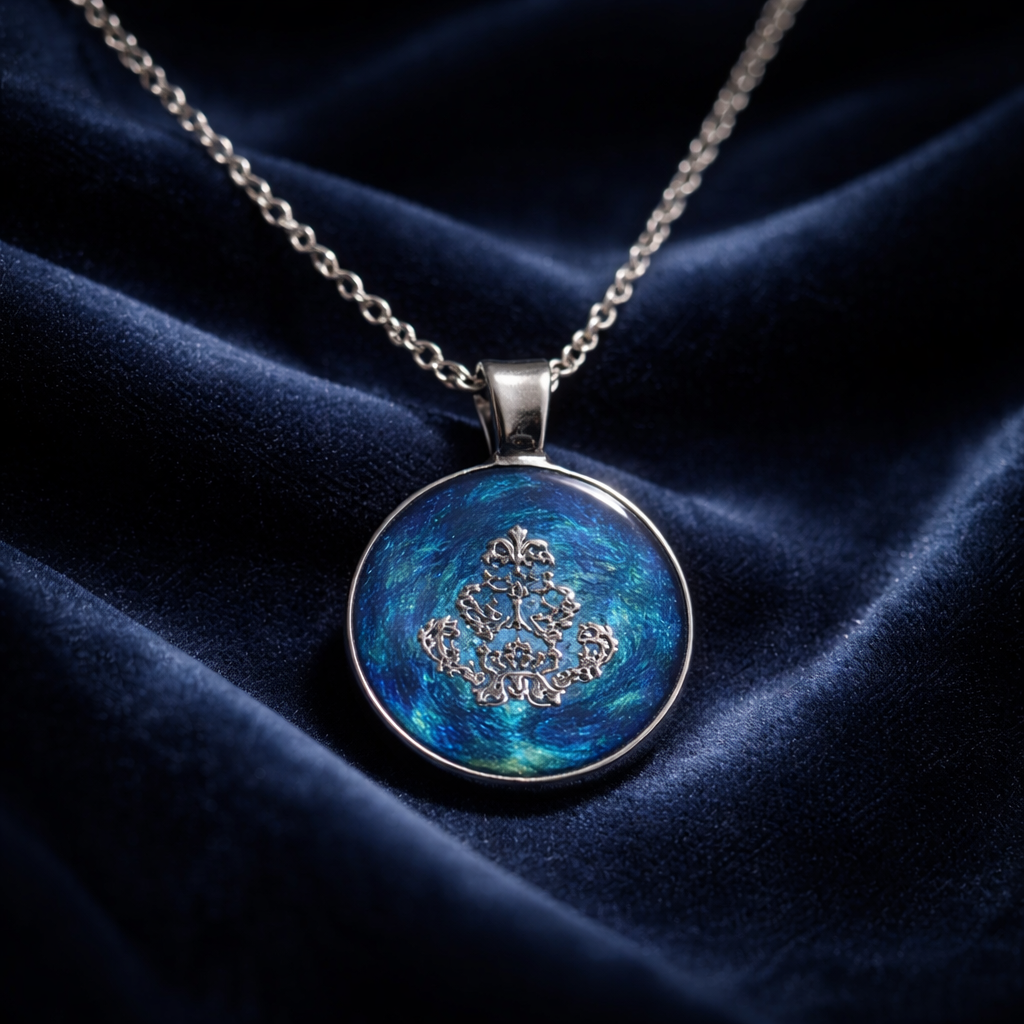 Deep Blue & Silver Resin Pendant Necklace – Handmade Moody Elegant Jewelry