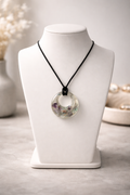 Purple Stone Resin Pendant Necklace on Black Silk Rope – Handmade Modern Jewelry
