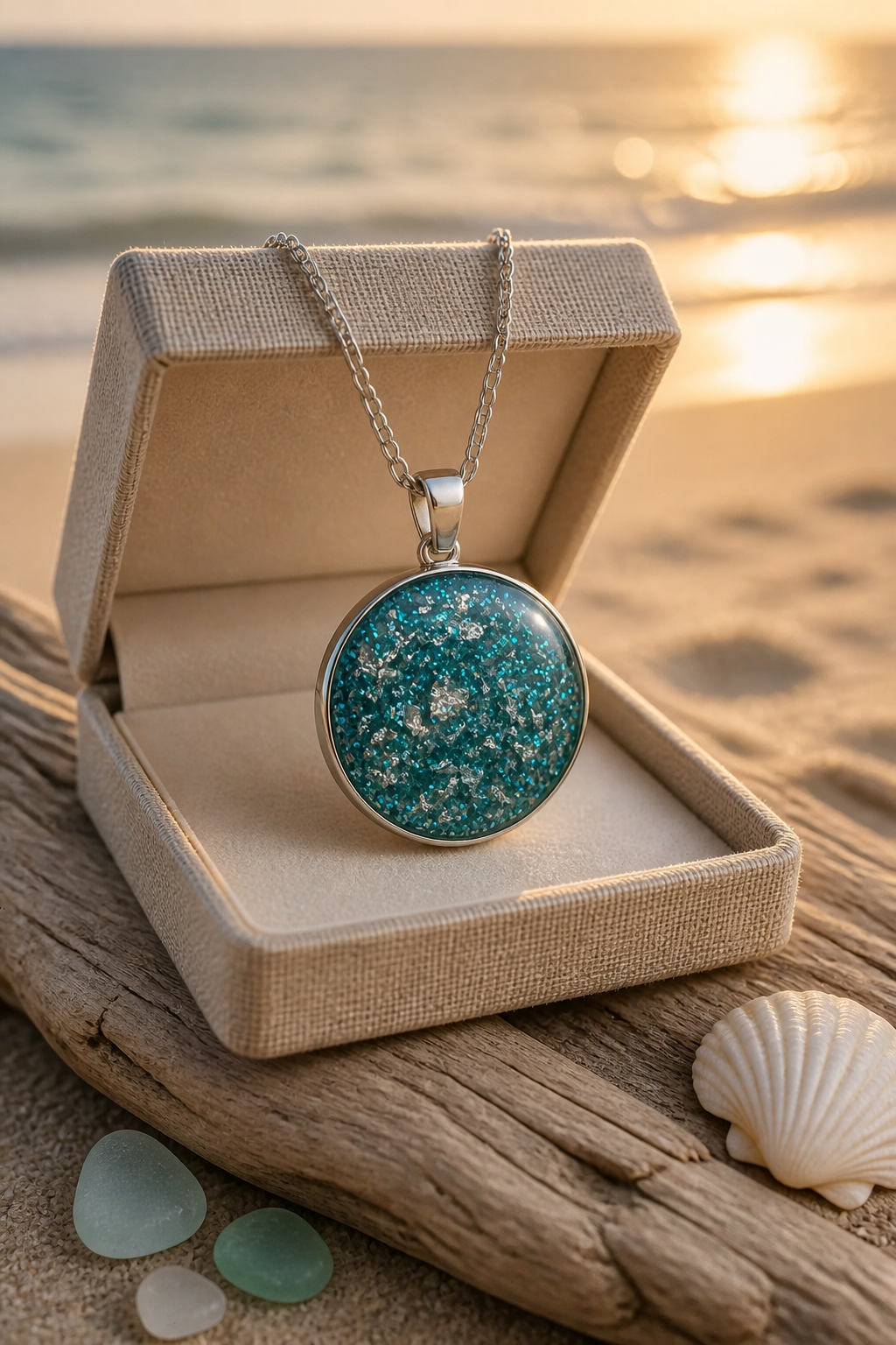 Teal Blue Glitter Round Resin Pendant Necklace