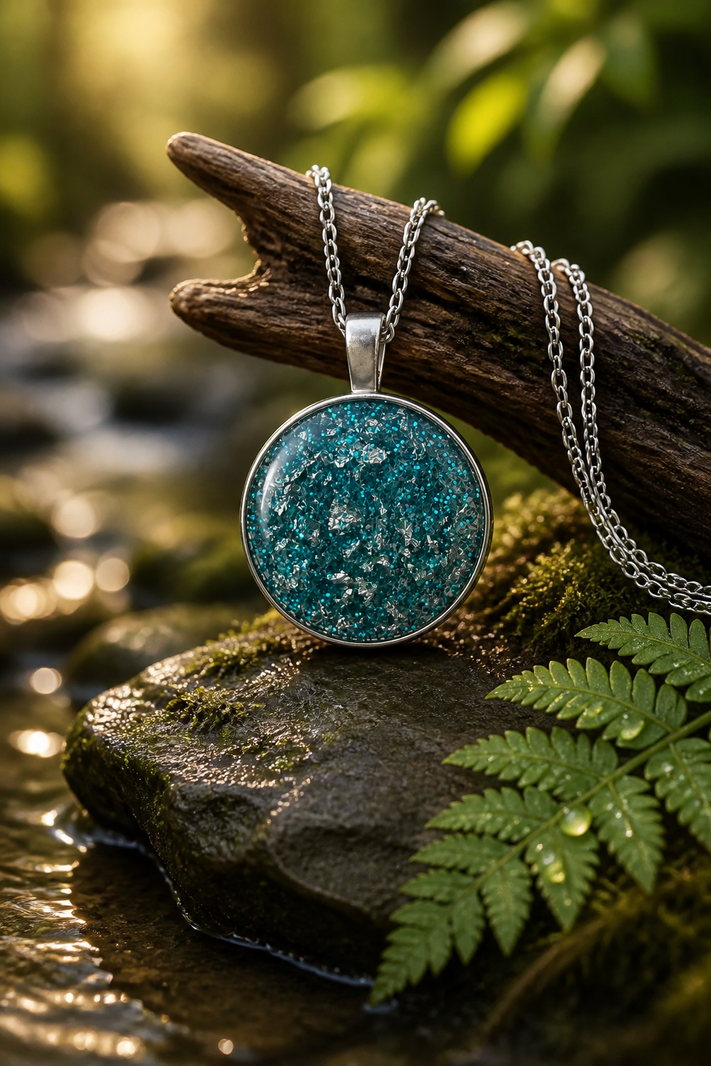 Teal Blue Glitter Round Resin Pendant Necklace
