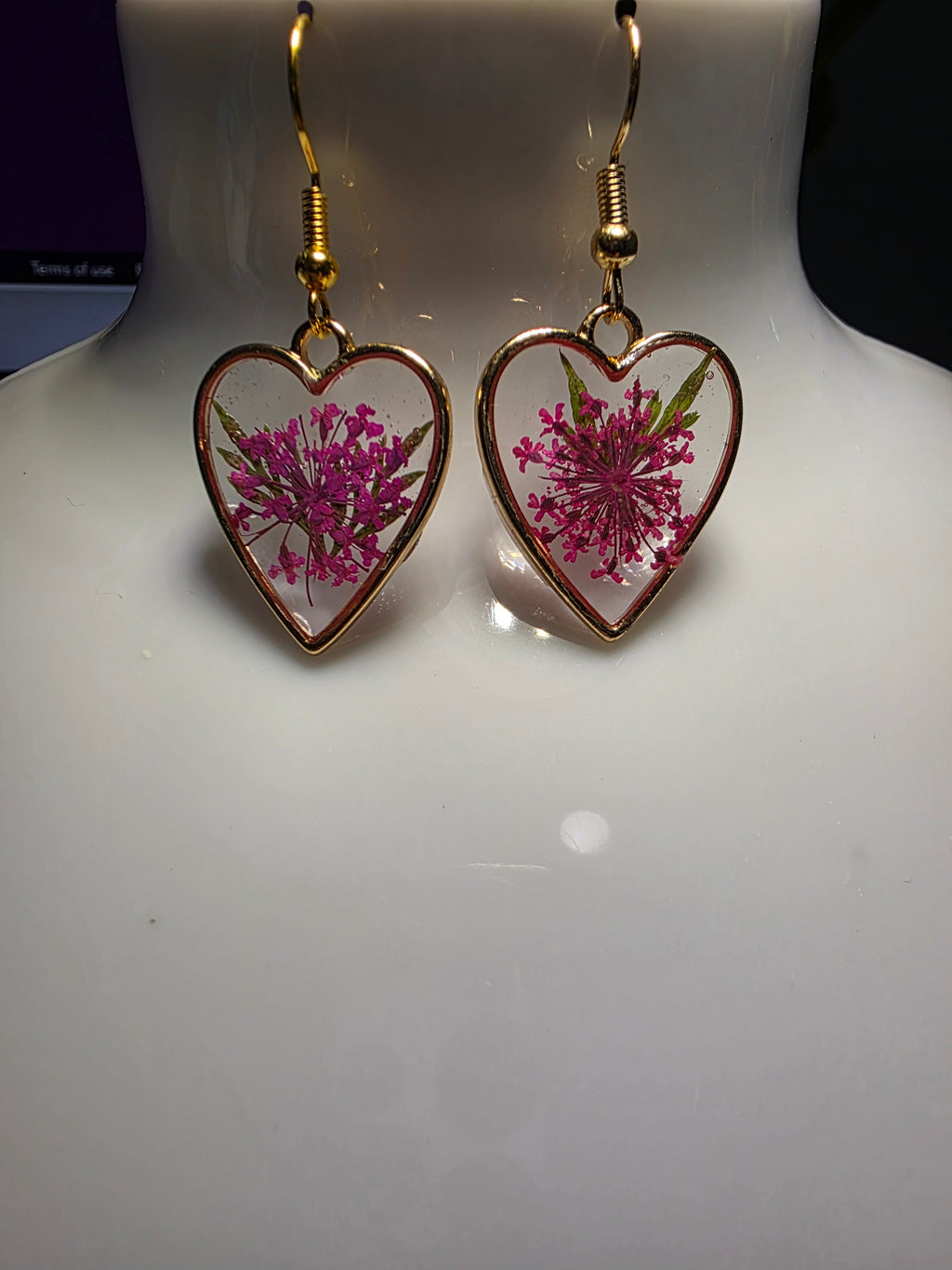 Dried Pink Flower Heart Resin Earrings