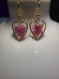 Dried Pink Flower Heart Resin Earrings