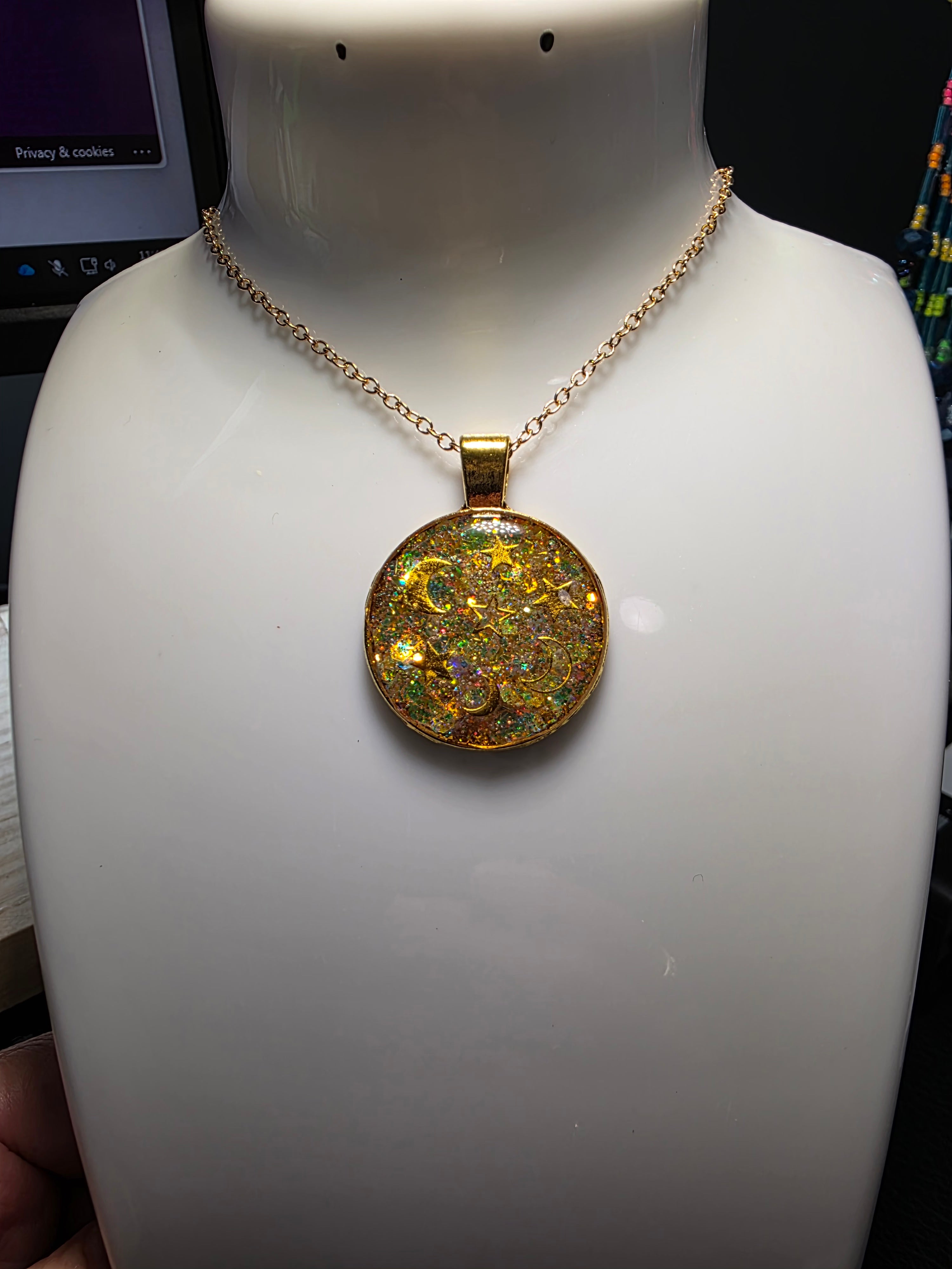 Gold Glitter Stars & Moons Clear Resin Round Pendant Necklace – Handmade Celestial Jewelry